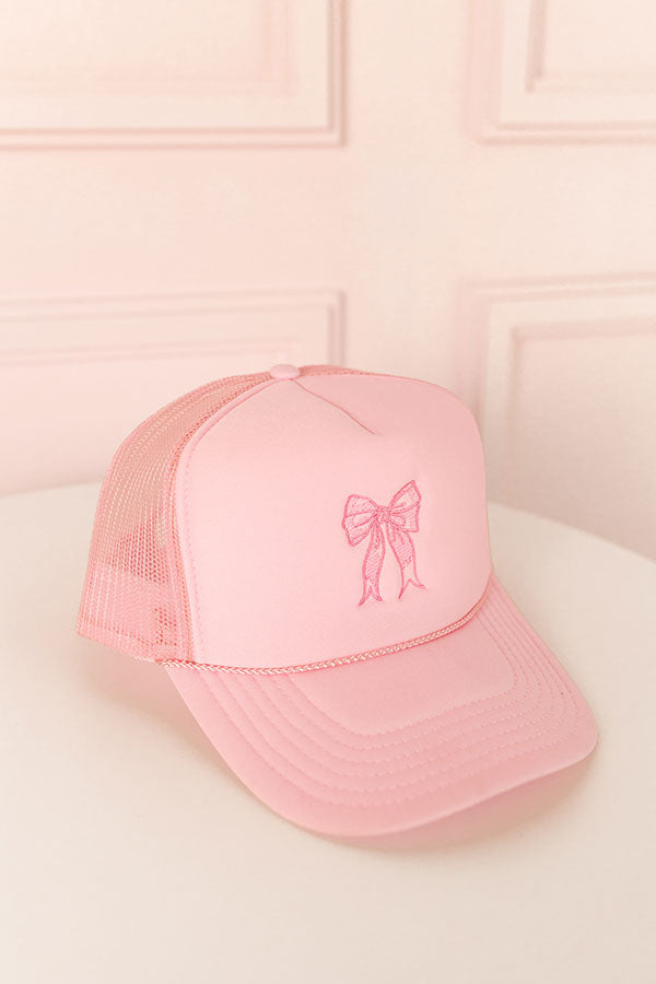 Premium Coquette Crush Embroidered Pink Bow Trucker Hat