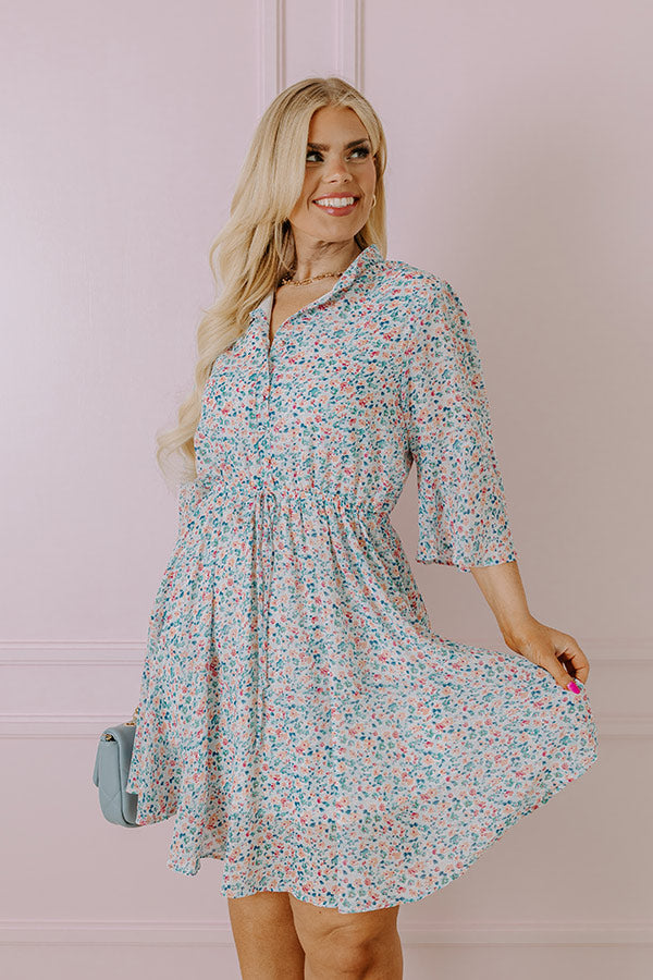 Premium Sky Blue Floral Chiffon Dress with Elastic Waistline