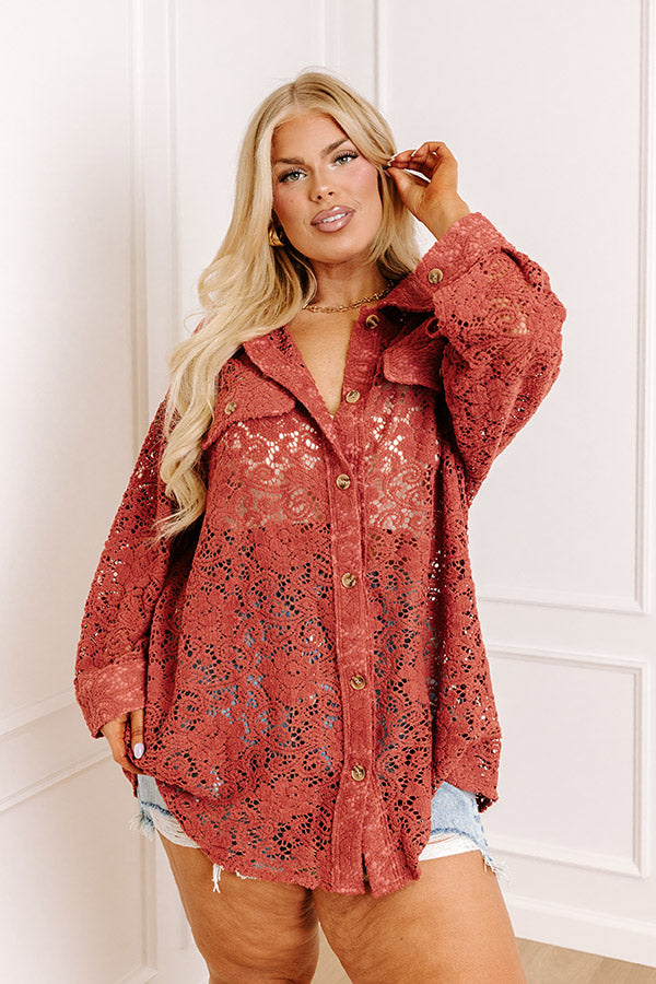 Premium Rust Lace Button-Up Boho Top - Ultimate Style for Curves