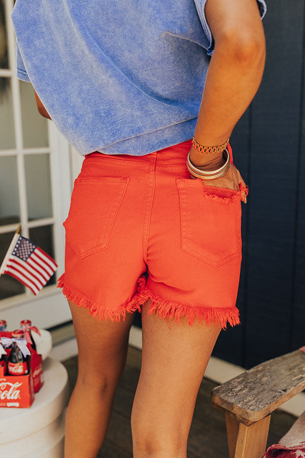 Premium High Waist Distressed Denim Shorts - Vibrant Red