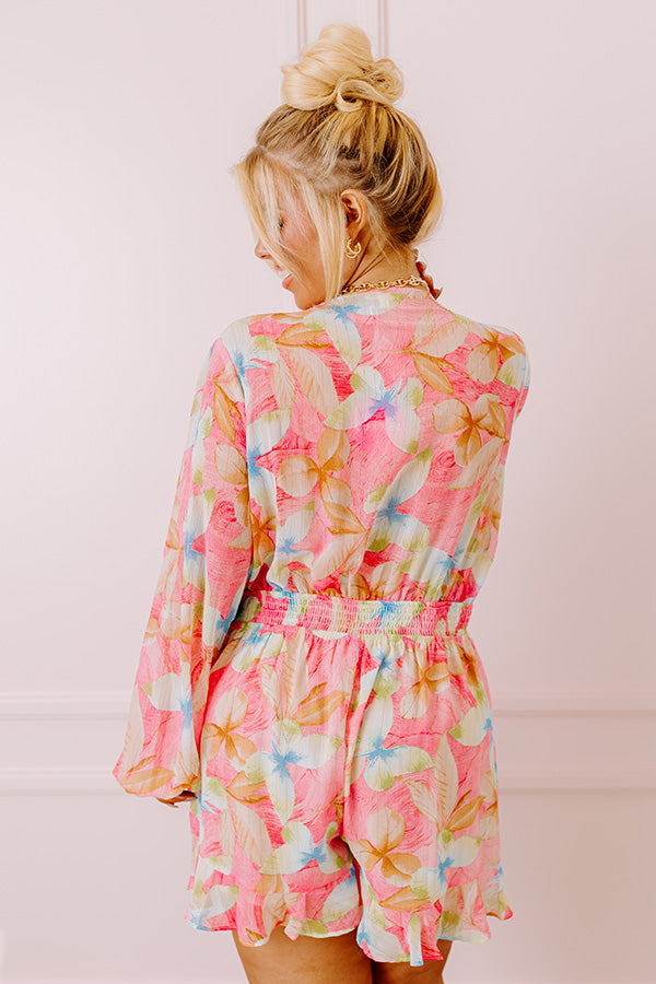 Premium Tropical Vacay Front Tie Romper - Floral Print & Golden Accents