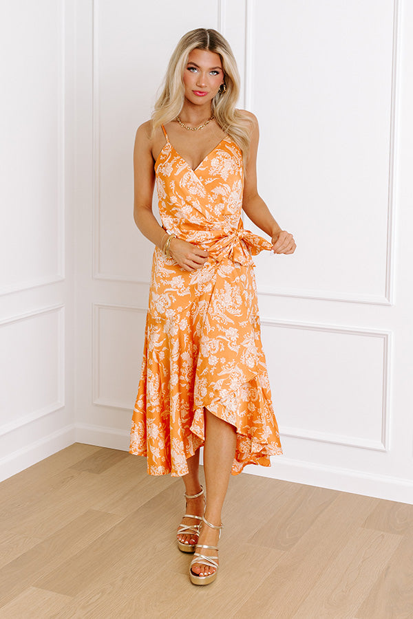 Ultimate Satin Wrap Dress: Orange Floral Elegance