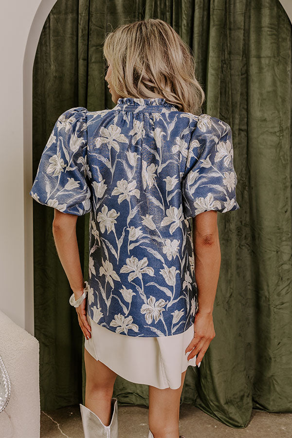 Premium Holiday Floral Jacquard Top - Ultimate Style in Blue