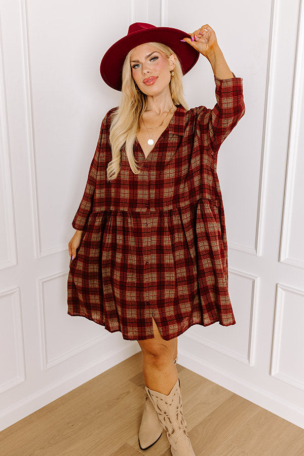 Premium Wine Plaid Tunic Dress - Ultimate Comfort for Curves