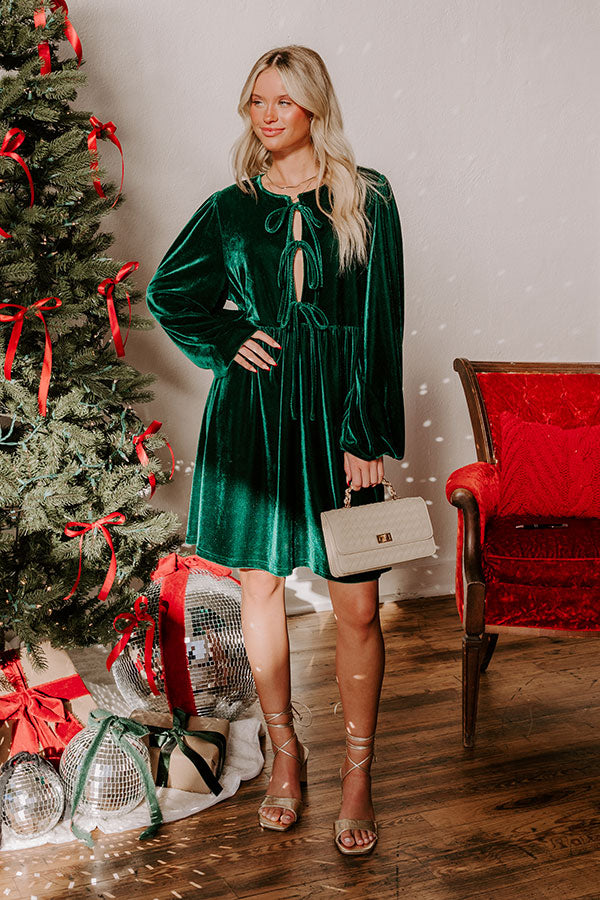 Premium Velvet Mini Dress - Hunter Green with Front Tie Design