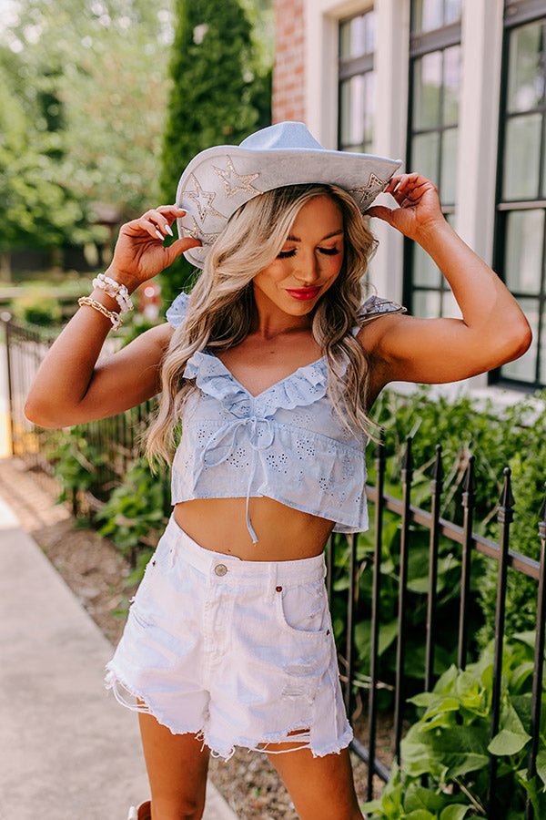 Premium Sky Blue Cabo Beaches Eyelet Crop Top - Ultimate Summer Style