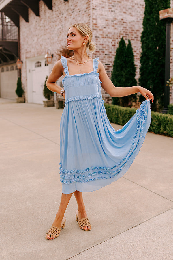 Premium Sky Blue Ruffle Midi Dress - Bayside Bliss Collection