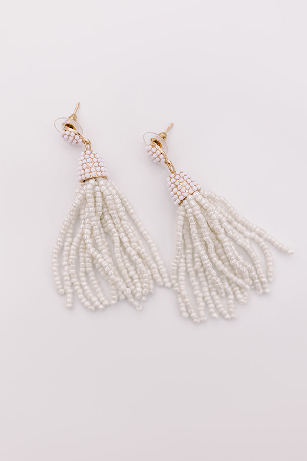 Premium White Beaded Tassel Earrings - Vibrant Vibes Collection