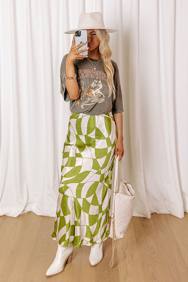 Premium Versailles Vogue High Waist Satin Midi Skirt - Olive Green