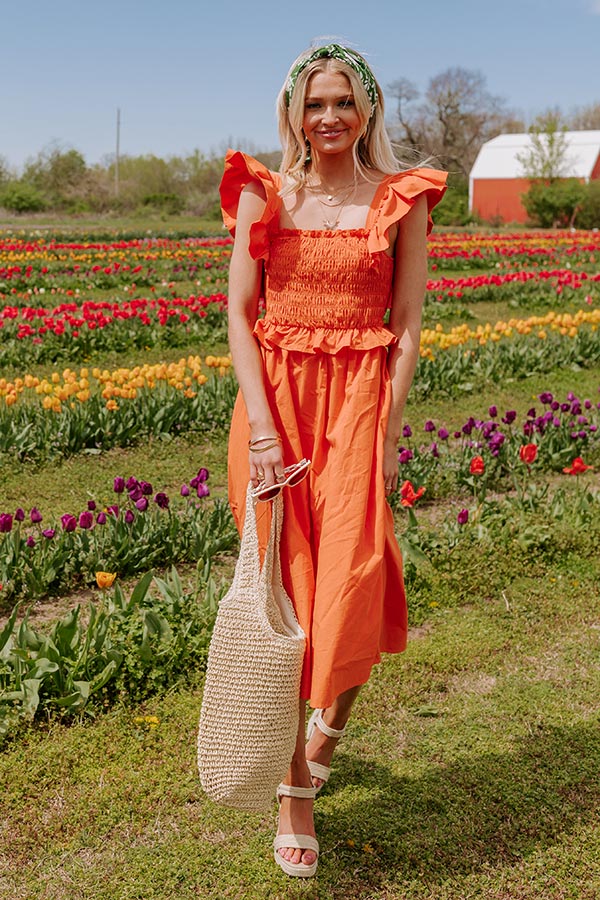 Premium Coastal Chic Midi Dress in Vibrant Orange