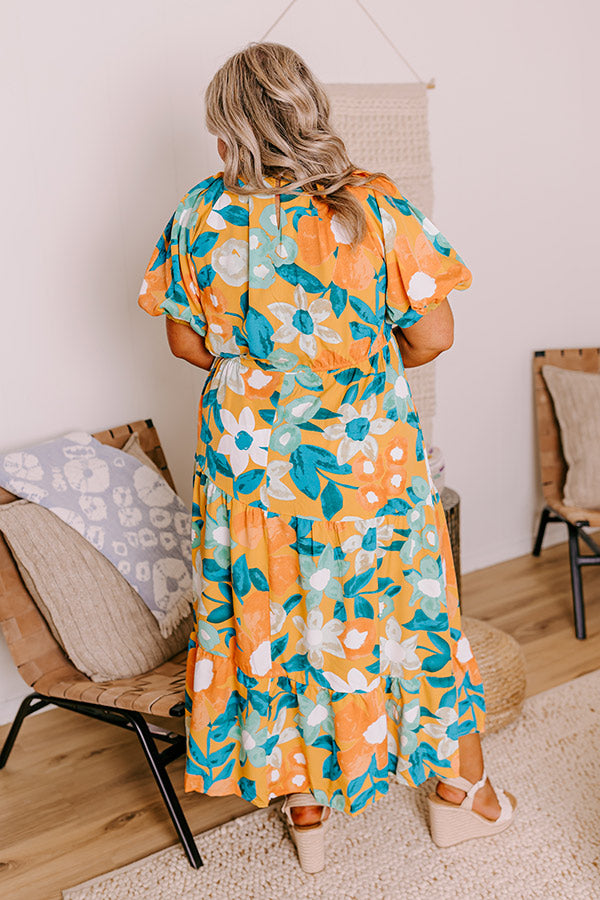 Ultimate Floral Midi Dress - Sunset Orange Elegance