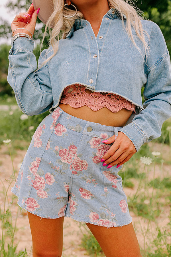 Ultimate Brylee High Waist Denim Shorts - Premium Rose Pattern