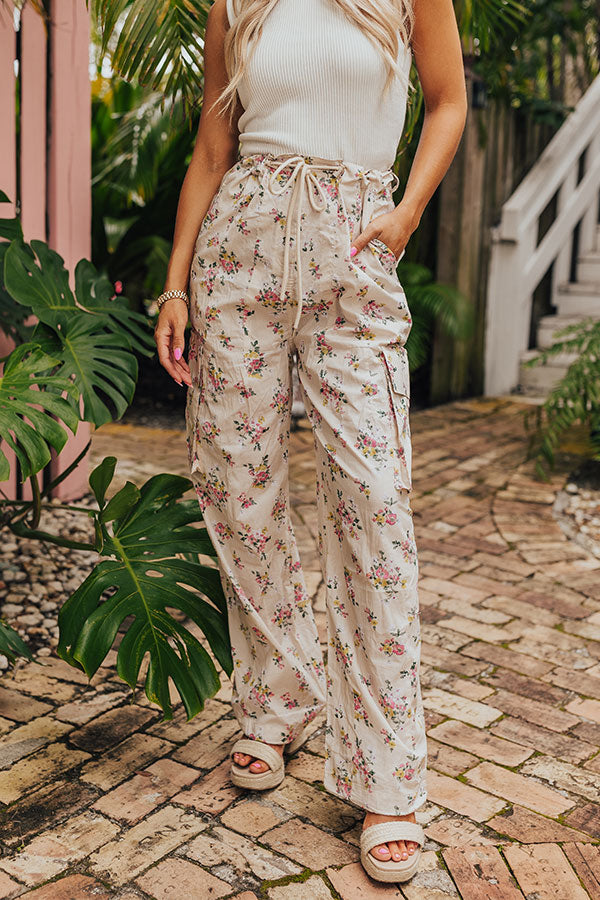 Premium Free Spirit High Waist Floral Cargo Pants - Light Beige