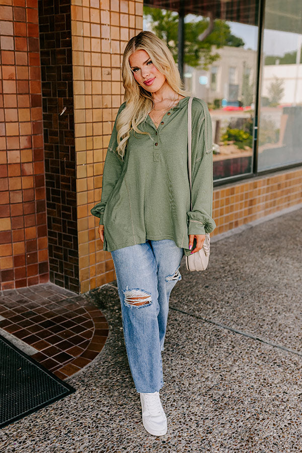 Premium Cafe Cutie Henley Tee - Olive Curves | Ultimate Comfort & Style