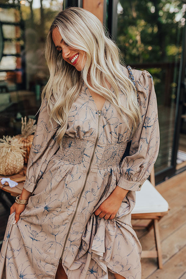 Premium Calmer Days Floral Midi Dress in Taupe