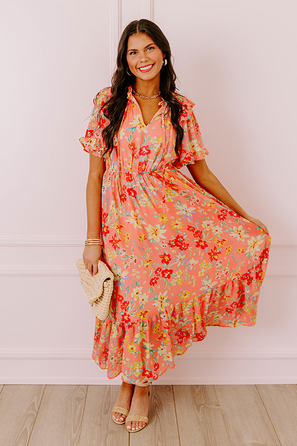 Ultimate Floral Flair Midi Dress in Coral