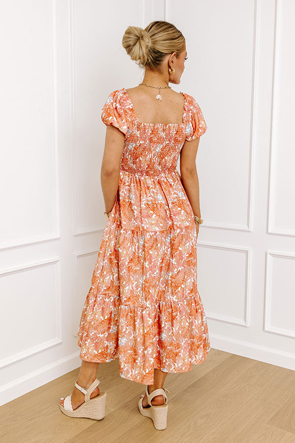 Premium Orange Smocked Midi Dress for Summer Outings