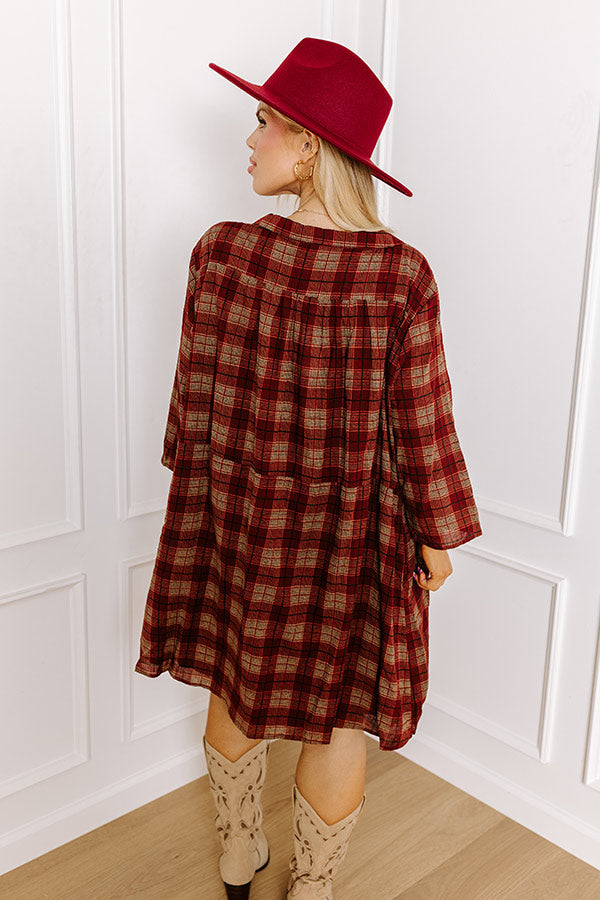 Premium Wine Plaid Tunic Dress - Ultimate Comfort for Curves