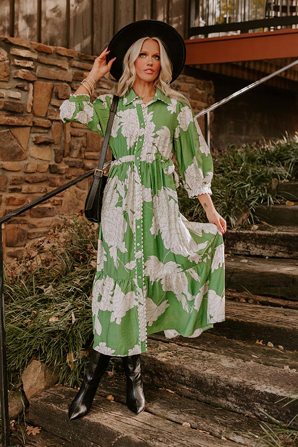 Premium Floral Midi Dress - Green Elegance