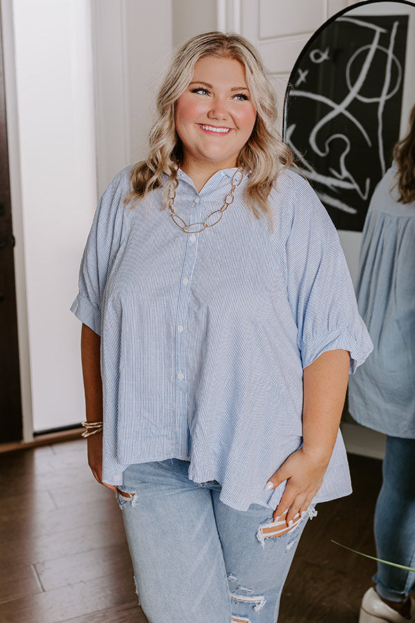 Premium Sky Blue Striped Oversized Button-Up Shirt