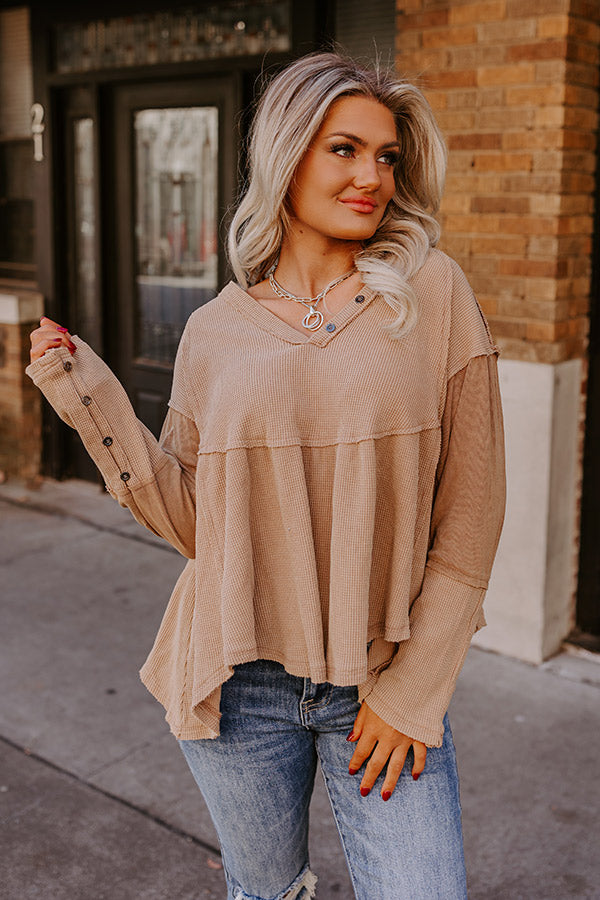 Premium Whispering Waffle Knit Top in Iced Mocha - Ultimate Comfort & Style