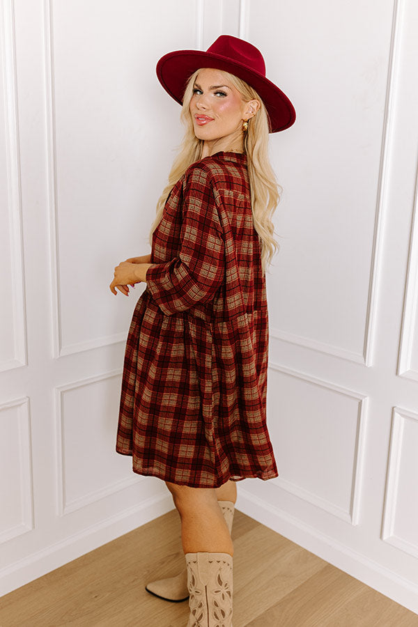 Premium Wine Plaid Tunic Dress - Ultimate Comfort for Curves