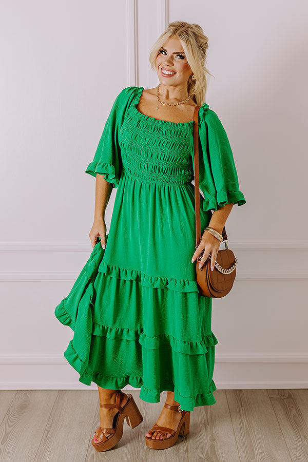 Premium Green Curves Smocked Midi Dress - Ultimate Beach Style