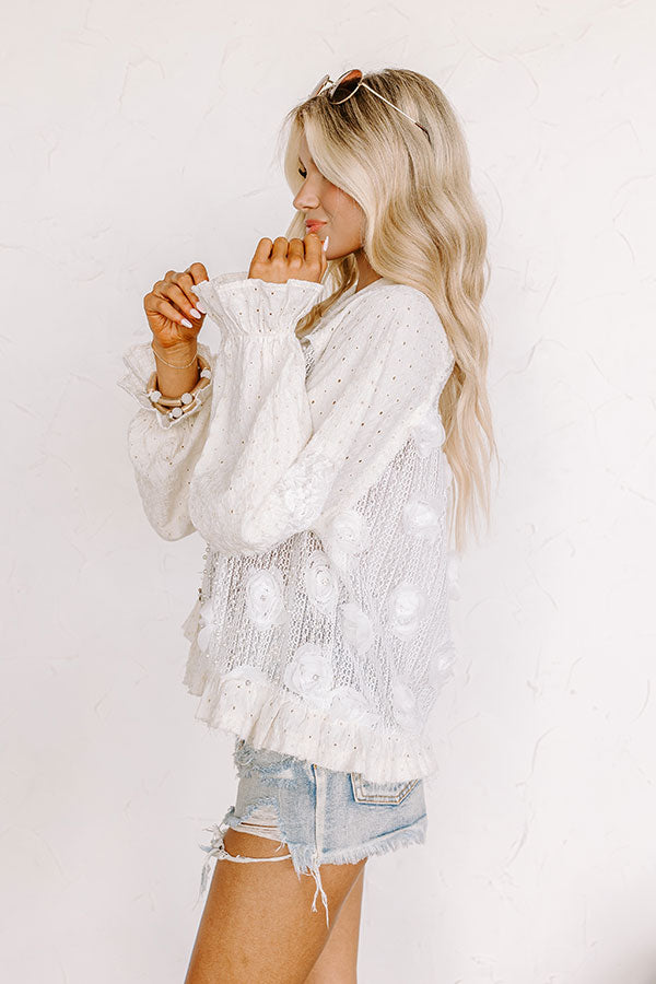 Premium Tea Garden Embellished Knit Button-Up – Cream Elegance