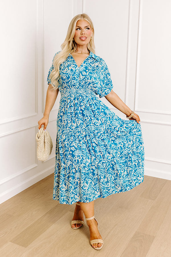 Ultimate Resort Getaway Floral Midi Dress - Ocean Blue Elegance