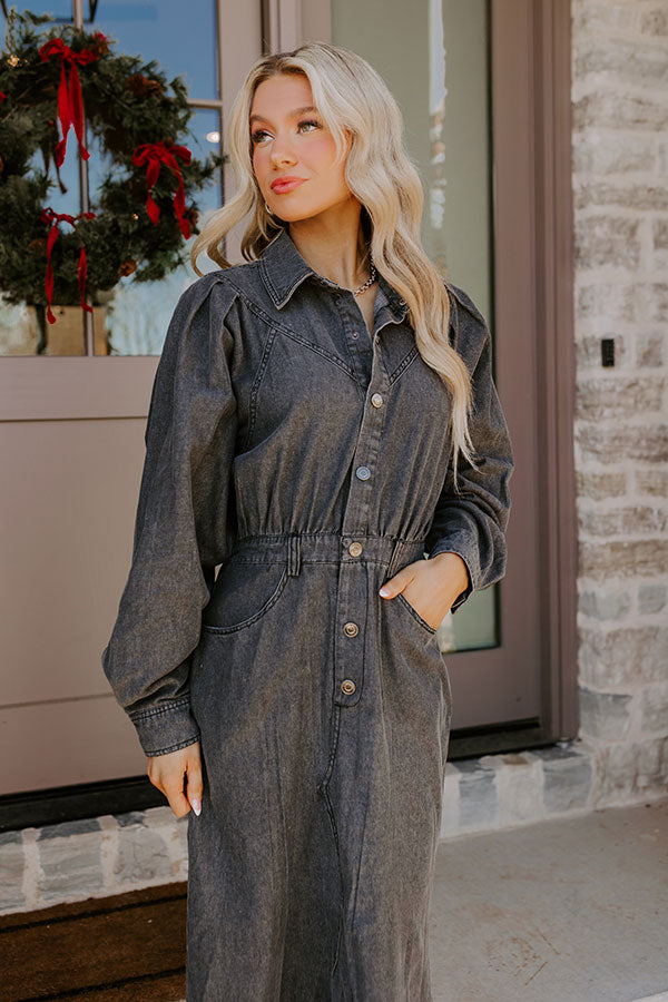 Premium Vintage Black Denim Midi Dress – Ultimate Casual Chic