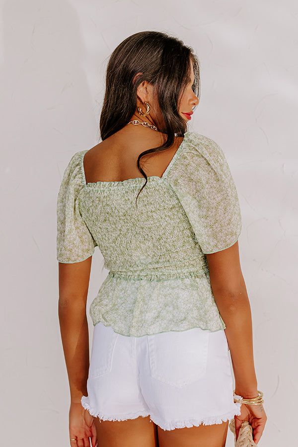 Premium Peonies Smocked Blouse in Vibrant Lime