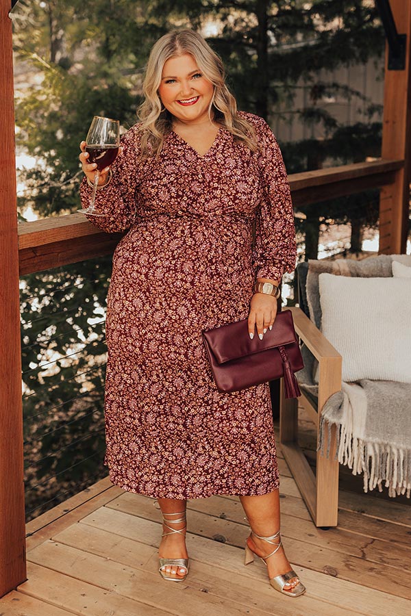 Premium Merlot Floral Midi Dress - Effortlessly Chic