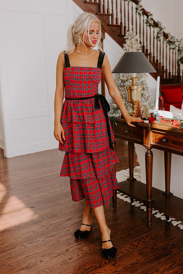 Premium Holiday Harmony Plaid Tiered Midi Dress