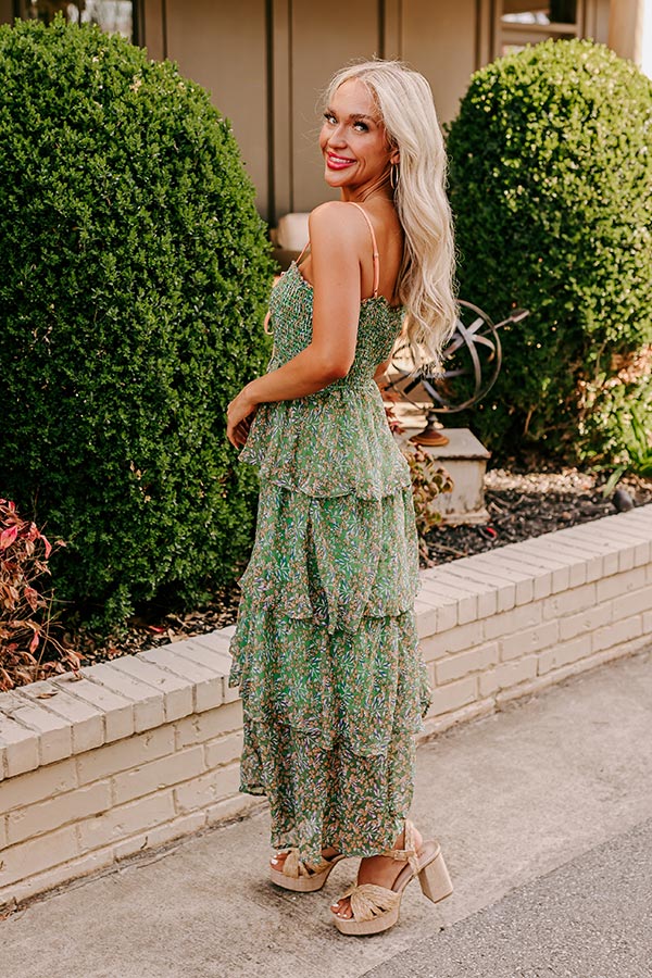 Premium Floral Chiffon Midi Dress - Green Wildflower Elegance