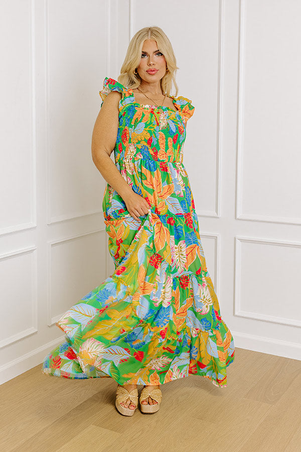 Premium Tropical Smocked Maxi Dress for Curves