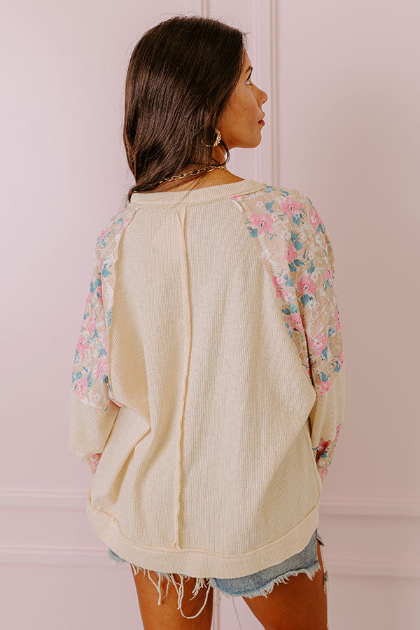 Premium Floral Ribbed Top - Champagne Elegance