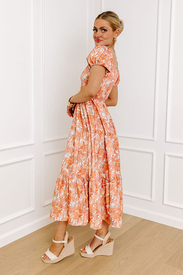 Premium Orange Smocked Midi Dress for Summer Outings