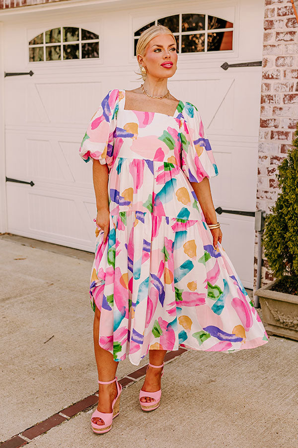 Premium Peaceful Pause Midi Dress - Floral Pink Elegance