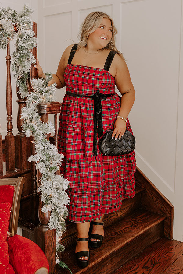 Premium Holiday Harmony Plaid Tiered Midi Dress