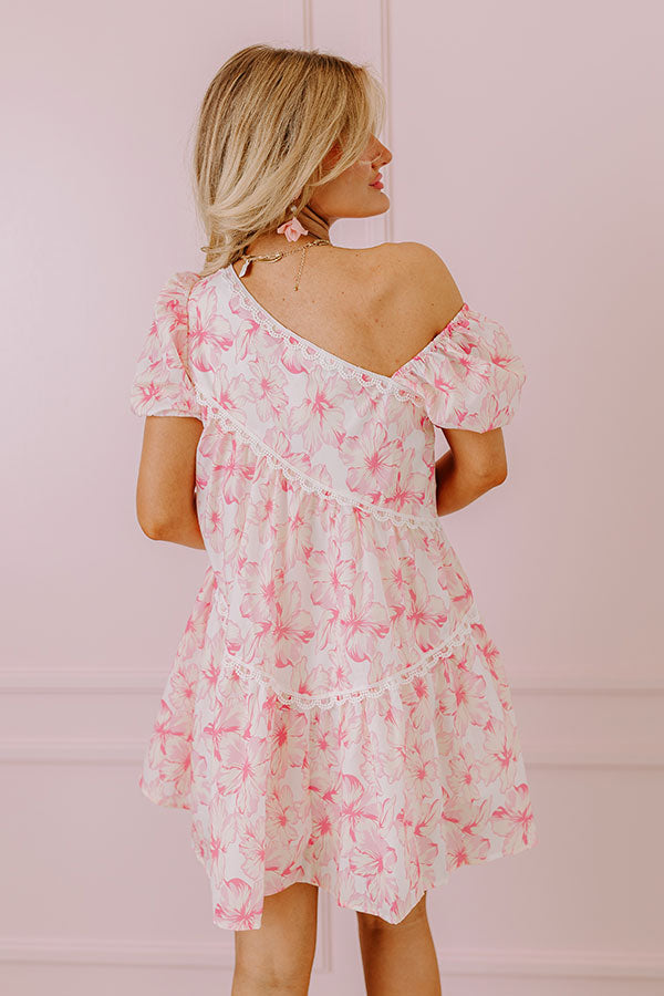 Premium Floral Asymmetrical Mini Dress - Pink Botanical Elegance