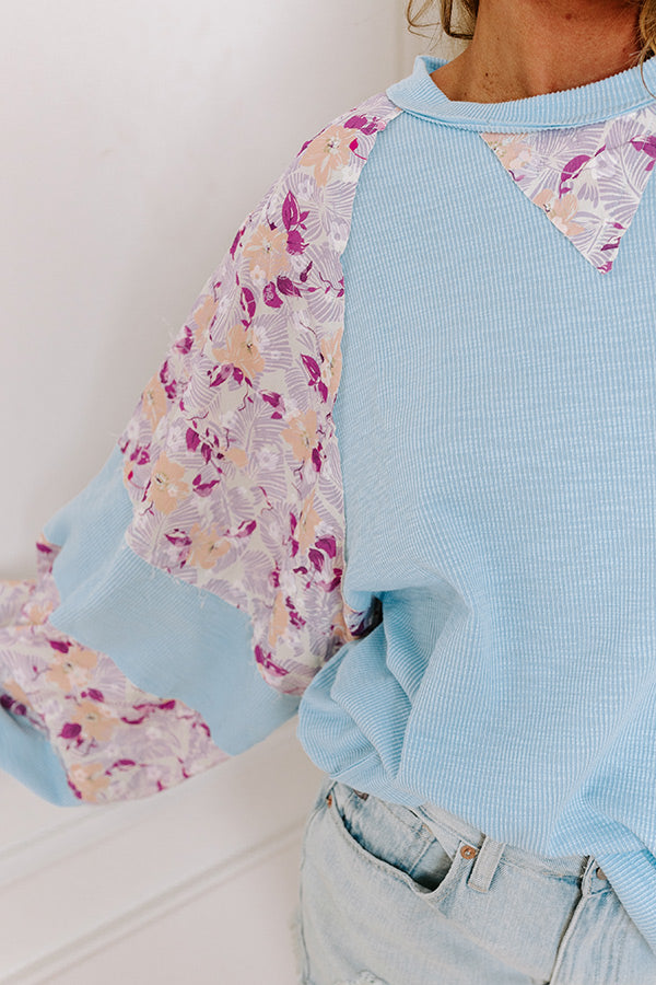 Premium Floral Ribbed Top - Sky Blue Spring Essential