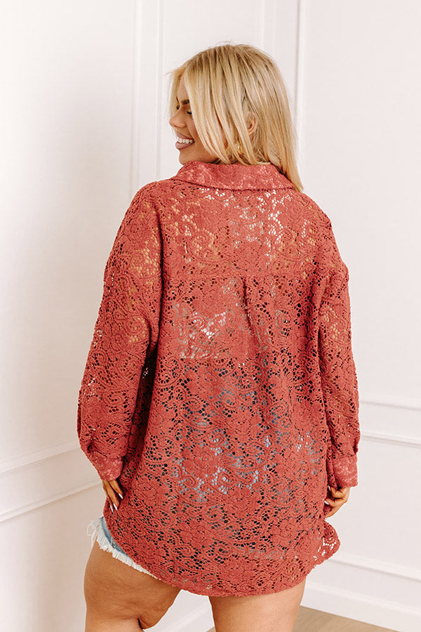 Premium Rust Lace Button-Up Boho Top - Ultimate Style for Curves