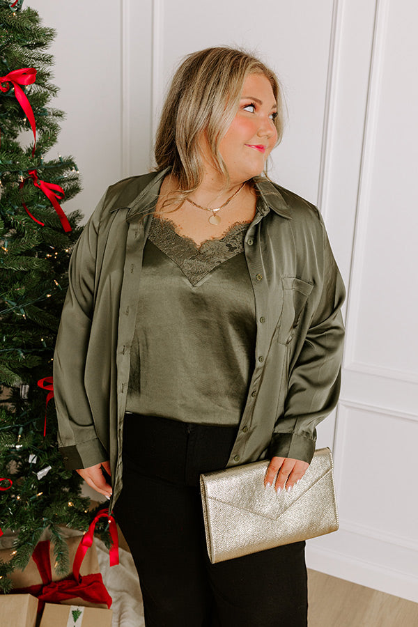 Premium Olive Satin Button-Down Top for Curves