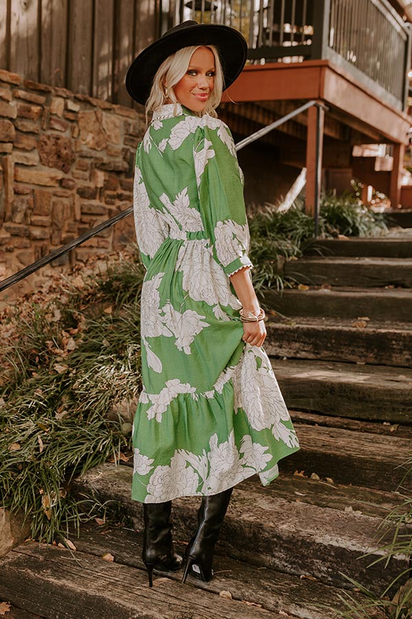 Premium Floral Midi Dress - Green Elegance