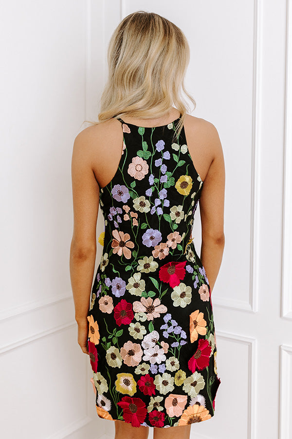 Premium Embroidered Mini Dress - Black Floral Elegance