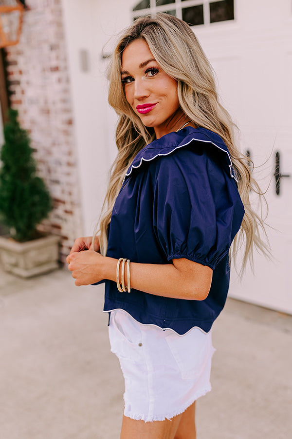 Premium Charm and Charisma Scalloped Top - Navy