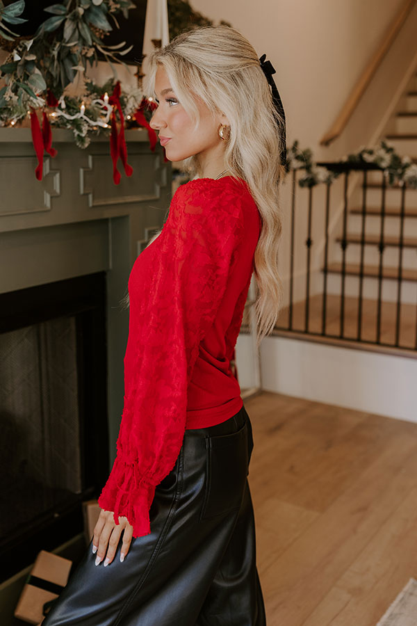 Premium Blissful Smile Jacquard Top - Romantic Red