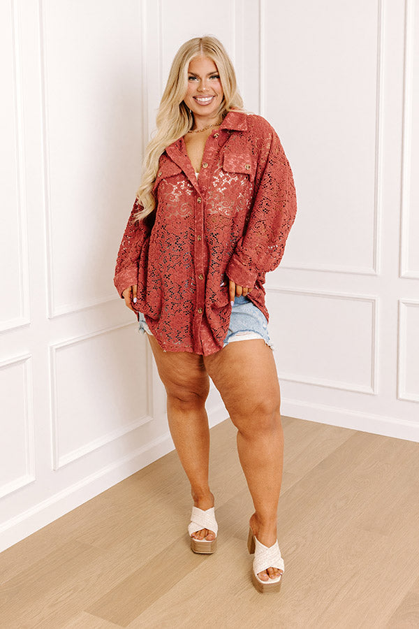 Premium Rust Lace Button-Up Boho Top - Ultimate Style for Curves