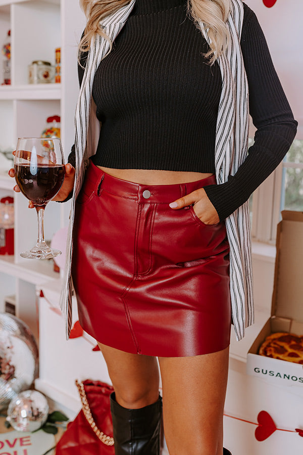 Premium Roman Holiday Faux Leather Mini Skirt in Crimson
