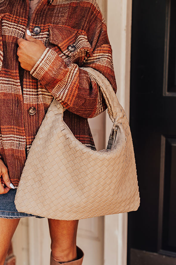 Premium Faux Leather Woven Tote Bag - Warm Taupe